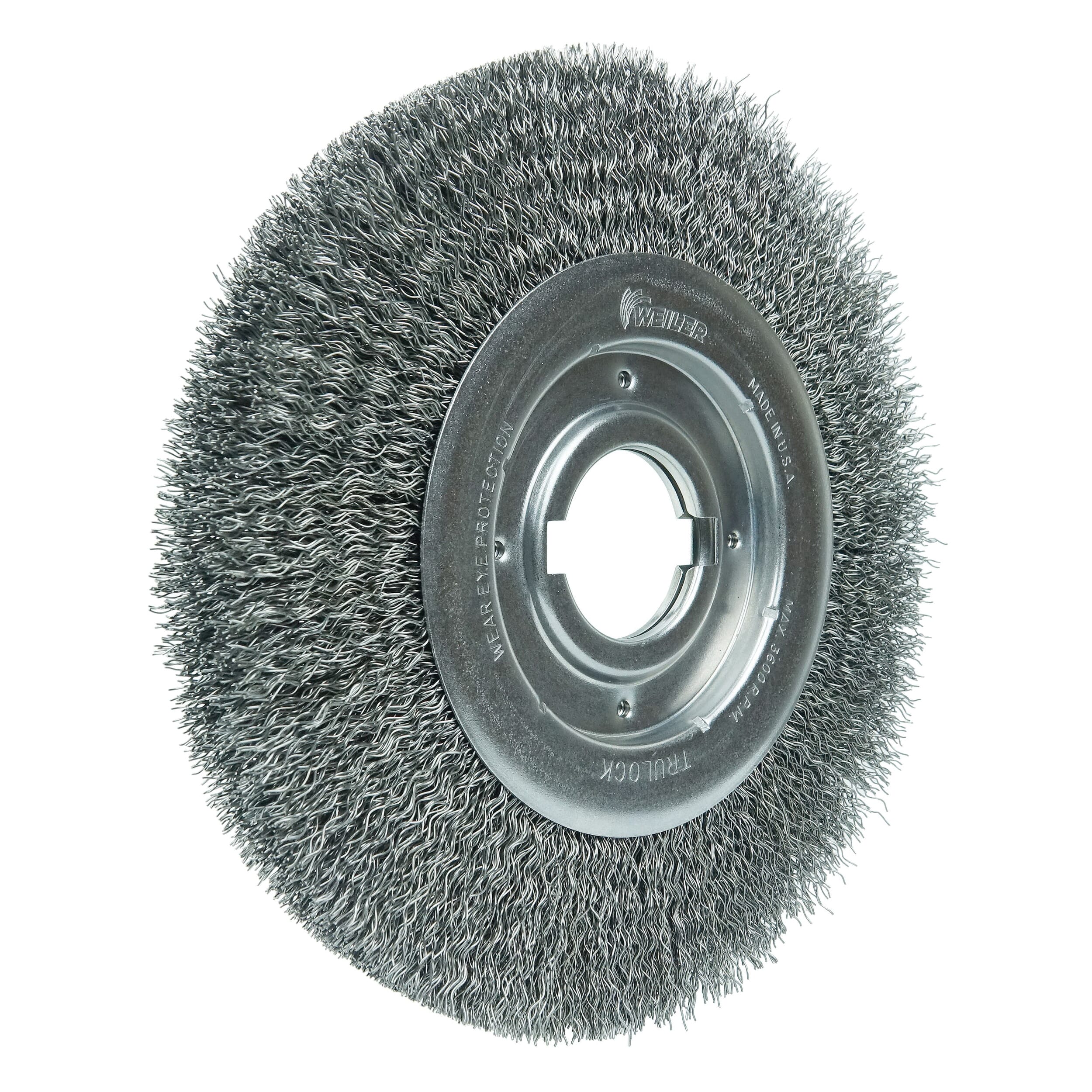 Weiler® 06170 Medium Face Wheel Brush, 10 in Dia Brush, 1-1/8 in W Face, 0.02 in Dia Crimped Filament/Wire, 2 in Arbor Hole